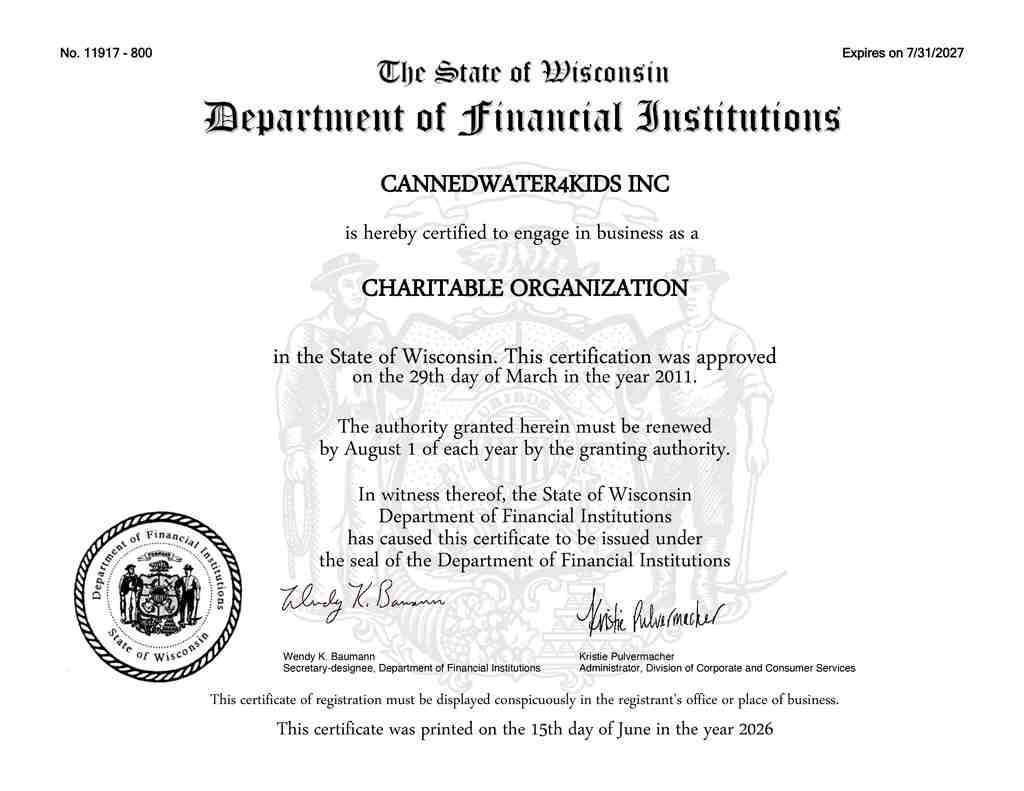 WI gov charitable certificate cannedwater4kids 2026 X
